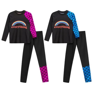 Kids Unisex Swimwear Surfing Swimsuit Rainbow Rash Guard Set Fish Scales Print - Picture 1 of 17