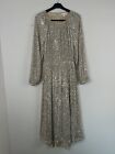 H&M Sequin Backless Dress Midi Size L Champagne Beige & Silver Long Sleeve
