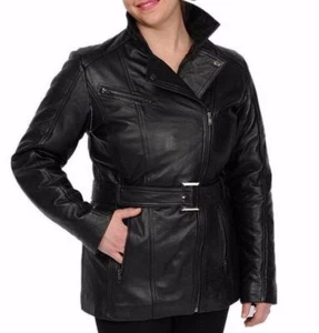 EXCELLED L, XL Lambskin Leather Asymmetrical Zip Belted Jacket NWT $440 - Picture 1 of 2