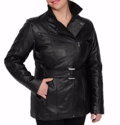 EXCELLED L, XL Lambskin Leather Asymmetrical Zip Belted Jacket NWT $440 - Image 1 of 2