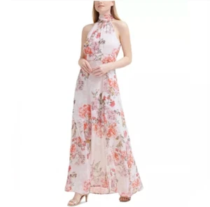 Maxi Vestido Eliza J Estampado Floral Gasa Rosa Largo Formal Halter Talla 4 NUEVO - Imagen 1 de 14