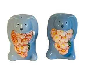 AVON Springtime Blue Bunny Collection Salt and Pepper Shakers Pink Flowers Cute! - Picture 1 of 8
