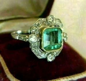 Art Deco Vintage 3.80CT Green Emerald Antique Anniversary 14K White Gold FN Ring - Picture 1 of 8