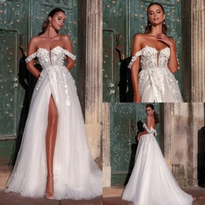 Boho A-Line Wedding Dresses Off The Shoulder High Slit Lace Florals Bridal Gowns - Picture 1 of 12
