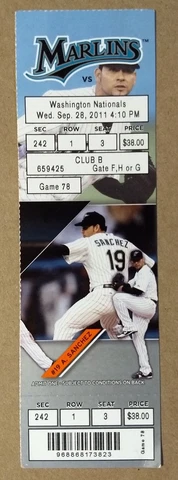 Miami Florida Marlins Ticket Stub 09-28-11 vs Nationals Anibal Sanchez - Lot #2 Cover