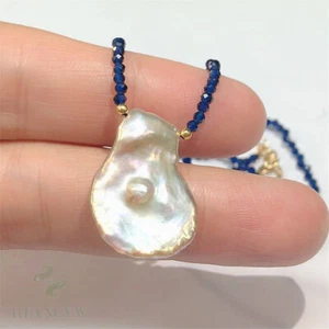 2mm Blue Spinel White Baroque Pearl Necklace 18 inches Real Chain Wedding - Picture 1 of 9
