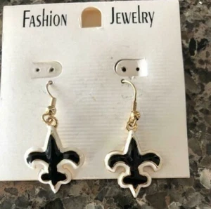 FLEUR DE LIS  /NEW ORLEANS SAINTS EARRINGS-BLACK/GOLD/WHITE - Picture 1 of 1