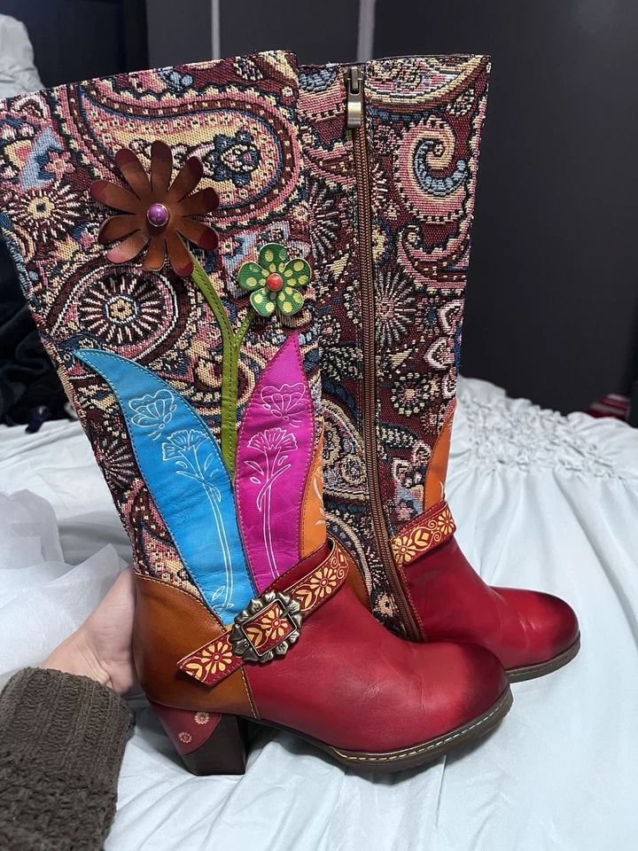 Botas altas femininas de couro vermelho e tecido (adequado para 6,5-7) - Imagem 1 de 4