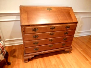 Wallace Nutting Slant Front Desk/ Chest of Drawers, Tiger Maple, Block Brand - Picture 1 of 8
