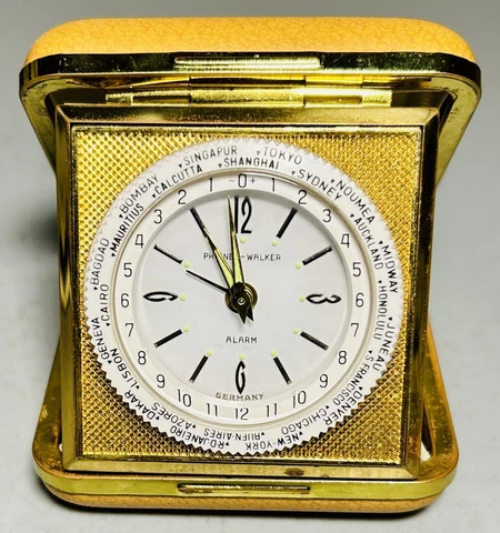 Phinney-Walker Vintage World Travel Alarm Clock Brass Casing Germany Works NICE! Cover