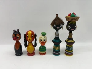 Vintage Holzfigur Tiki Afrikanischer Stamm und Tiere 4" und 5,5" - Bild 1 von 5