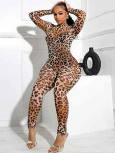 Leopard Print Jumpsuit Women See Through Midnight Full Sleeve Street Clubwear - Picture 1 of 5