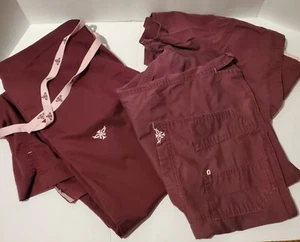 Med Couture Matching Medical Scrubs Set Sz M Burgundy Top w Flared Pant/Bottoms - Picture 1 of 6