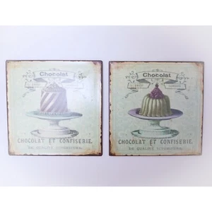 Set of 2 metal plaques Home Wall Decor French Dessert Retro Vintage Distressed - Picture 1 of 9