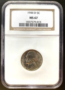 1944-D Jefferson Nickel, NGC Graded MS 67, Certificate # 1837579-015 - Picture 1 of 4