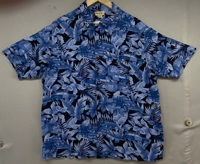 VTG Panama Jack Hawaiian Shirt XL Blue Tropical Palm Leaves Cars Loop Collar - Image 1 of 4
