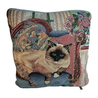 *Siamese Cat Tapestry* Pillow 16" Decorative Needlepoint Lounging By *Fashion* - Image 1 of 4