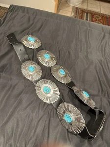 HAND TOOLED VINTAGE NATIVE AMERICAN NAVAJO TURQUOISE STERLING SILVER CONCHO BELT - Picture 1 of 20