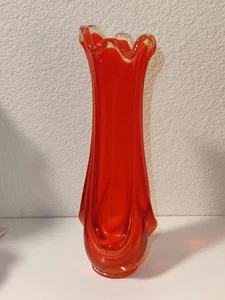 Vintage Viking Red Orange Persimmon Drape 9¾" Glass Vase  - Picture 1 of 6