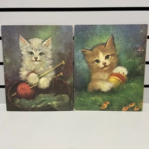 Florence Kroger MCM Cat Kitten Print 1950's Kittens With Ball Yarn Lot Of 2 - Picture 1 of 11