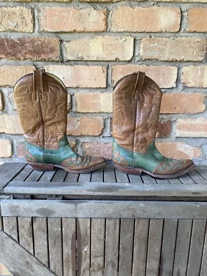 Stivali da cowboy vintage anni '80 Tony Mora marrone e verde in pelle - Immagine 1 di 4