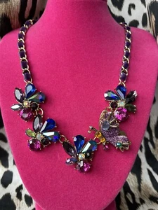 Betsey Johnson Butterfly Blitz Purple Glitter AB Dark Blue Pink Crystal Necklace - Picture 1 of 6