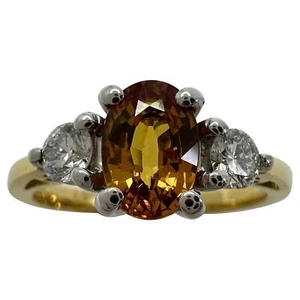 GIA Certified Untreated Orange Sapphire & Diamond Three Stone 18k Gold Ring - Picture 1 of 12