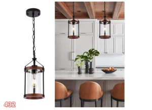 Vintage Wood Pendant Light w/Glass Mini Farmhouse Black Pendant Lighting Fixture - Picture 1 of 9