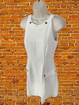 NINE WEST SIZE UK 6 WHITE SLEEVELESS SILVER BUTTON PLEATED TAILORED MINI DRESS - Image 1 of 4