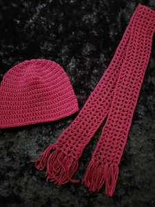 Adult/Child Handmade Crochet Hat Beanie Scarf Set burgundy color 19" diameter - Picture 1 of 1