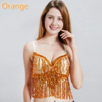 Sequin Bra Tank Tops Cropped Vest Tassel Lingerie Bustier Strap Clubwear Glitter - Image 1 of 4
