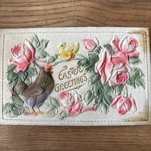 Pretty 1911 Roses And Chickens Baby Chick Airbrushed Embossed Easter Postcard - Picture 1 of 5