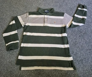 Polo Ralph Lauren Long Sleeved Polo Shirt 7 Years Boy Green White Grey Striped - Picture 1 of 4