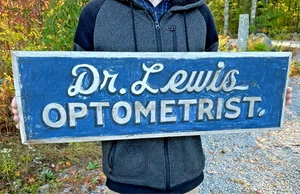 Antikes original bemaltes Holz Optiker Schild schöne blaue Craquelure Oberfläche - Bild 1 von 7