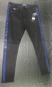 New Men's Barabas LA Crystal Rhinestone Greek Design Jeans Black/Royal Sz 34x32 - Picture 1 of 5