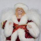 Angel Christmas Tree Topper Porcelain Red Gown Faux Fur White Feathers 14"