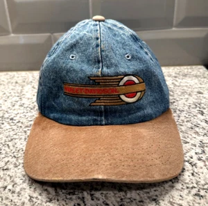 VTG Harley Davidson Hat Cap Denim Suede Leather Brim Motorcycle 90s Strapback - Picture 1 of 6