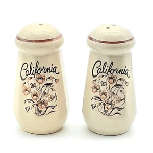 California Stoneware Salt & Pepper Shakers Flowers Script Beige Souvenir  - Imagen 1 de 8