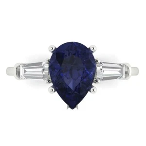 2.5Ct Pear Cut Simulated Blue Sapphire 3 Stone Engagement Ring, 14K White Gold - Picture 1 of 11