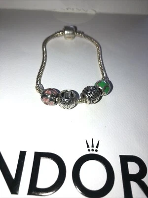 Stunning Pandora 925 Sterling Silver 17 cm Bracelet & 4 Charms :See Photos: - Image 1 of 4