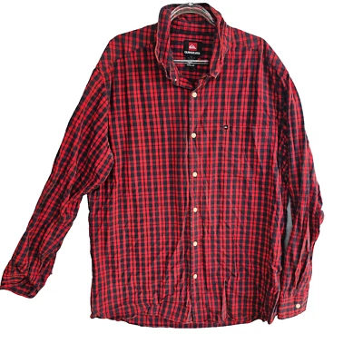 Quiksilver Red Black Check Plaid Long Sleeve Button Up Shirt Size XL Cotton Surf - Image 1 of 4
