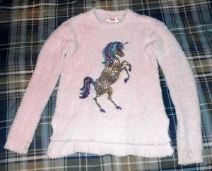 JUSTICE Girls 10 Unicorn Sequin Pink Soft Fluffy Pullover Sweater W/ Thumbholes - Picture 1 of 7