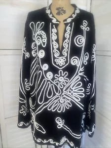 Once Again Camicia Donna Nera Bianca Applique Maniche Lunghe Elasticizzata Più Top 3X - Foto 1 di 9