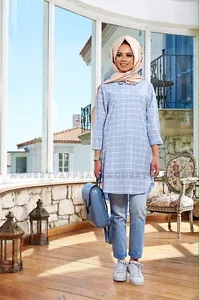 Muslim Women Clothing Hira Cotton Tunic Long SleeveTunic Top - Light Blue - Picture 1 of 3