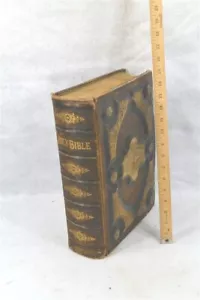 antique leather Bible deep tooled silver clasps 10x14x4 illustrated 19th c - Picture 1 of 12