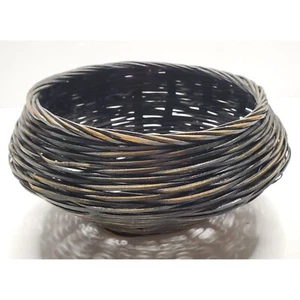Wicker Basket Black Round Decorative Bowl Artisan Weaving 9" Diameter Home Decor - Picture 1 of 7