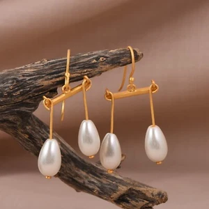 Fancy Gemstone Earrings Yellow Gold Plated Multi Pearl Dangle Earrings Jewelry - Picture 1 of 8
