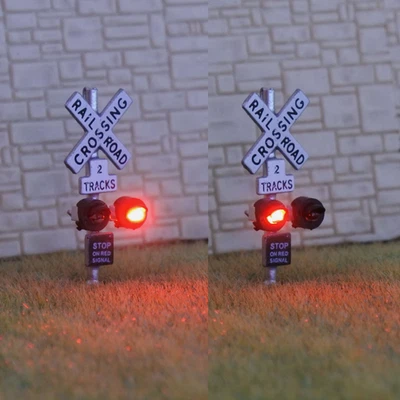 2 x N scale model railroad grade crossing signals lights LED made 2 track sign - Image 1 of 4