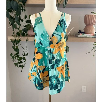 Blusa Raga Anthropologie tropical floral em camadas pequena azul amarela resort verão - Imagem 1 de 4