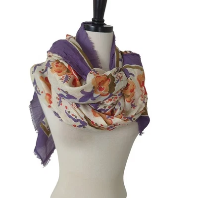 Bufanda de papel flor de roca 100 % modal chal envoltura estampado floral púrpura naranja claro Foto 1 de 4